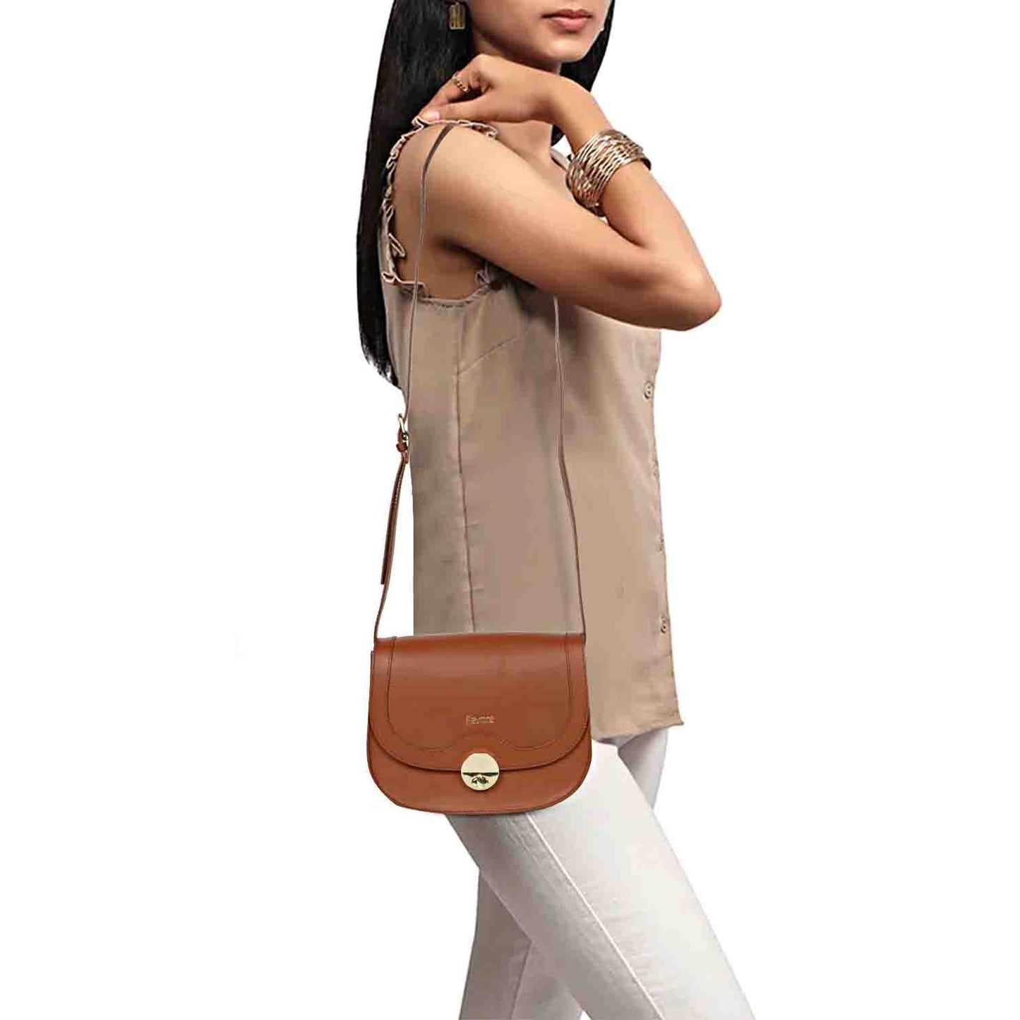 Favore Tan Womens Leather Structured Sling Bag