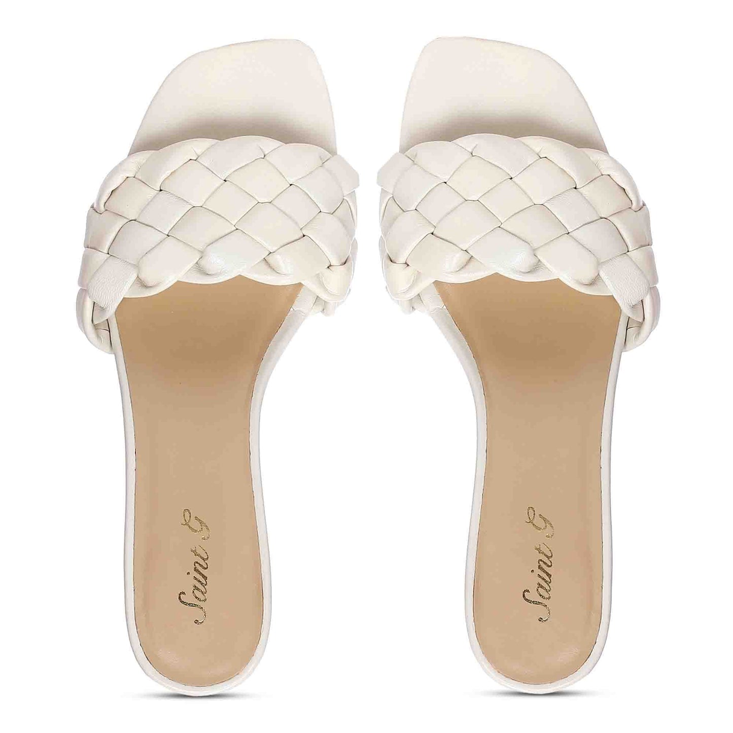 Saint Kate White Woven Leather Block Heel Mules
