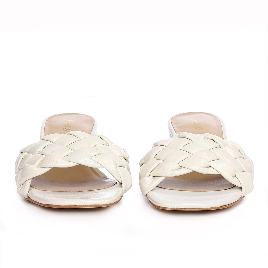 Saint Kate White Woven Leather Block Heel Mules