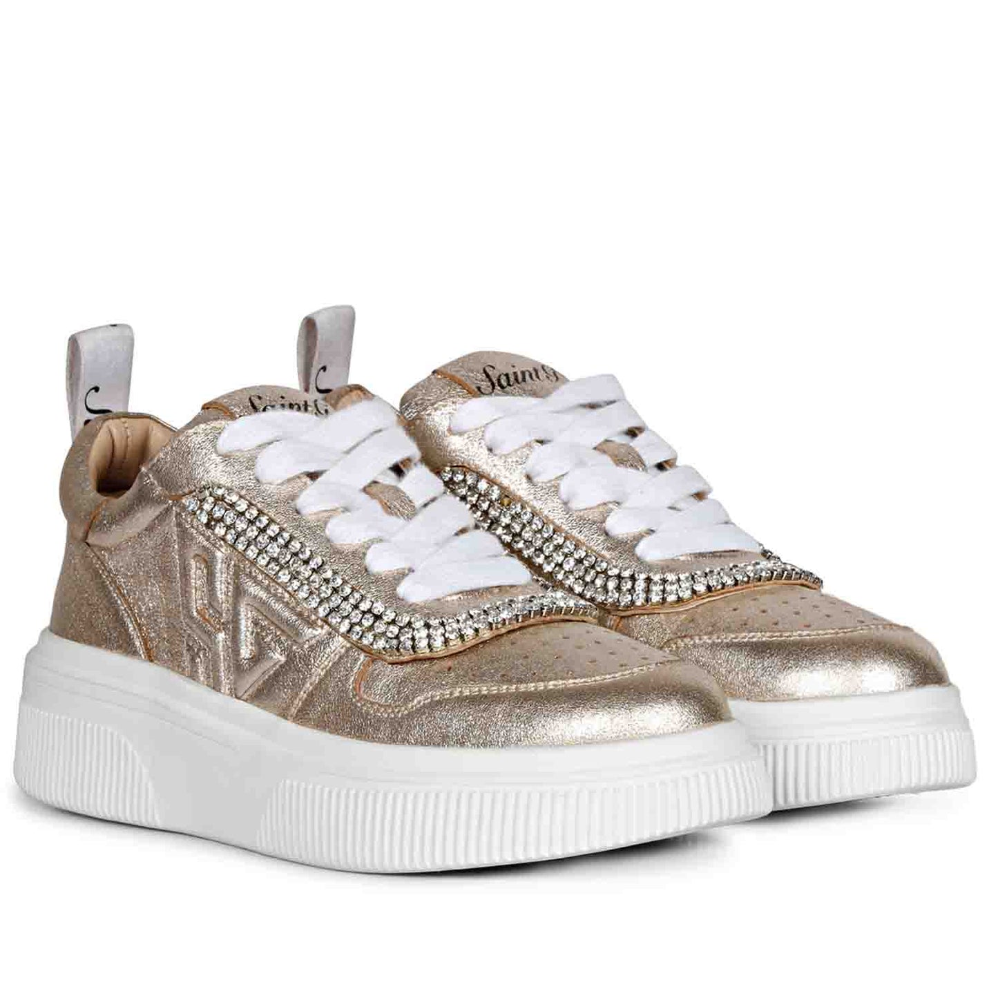 Trendy Crystal-Adorned Gold Leather Sneakers
