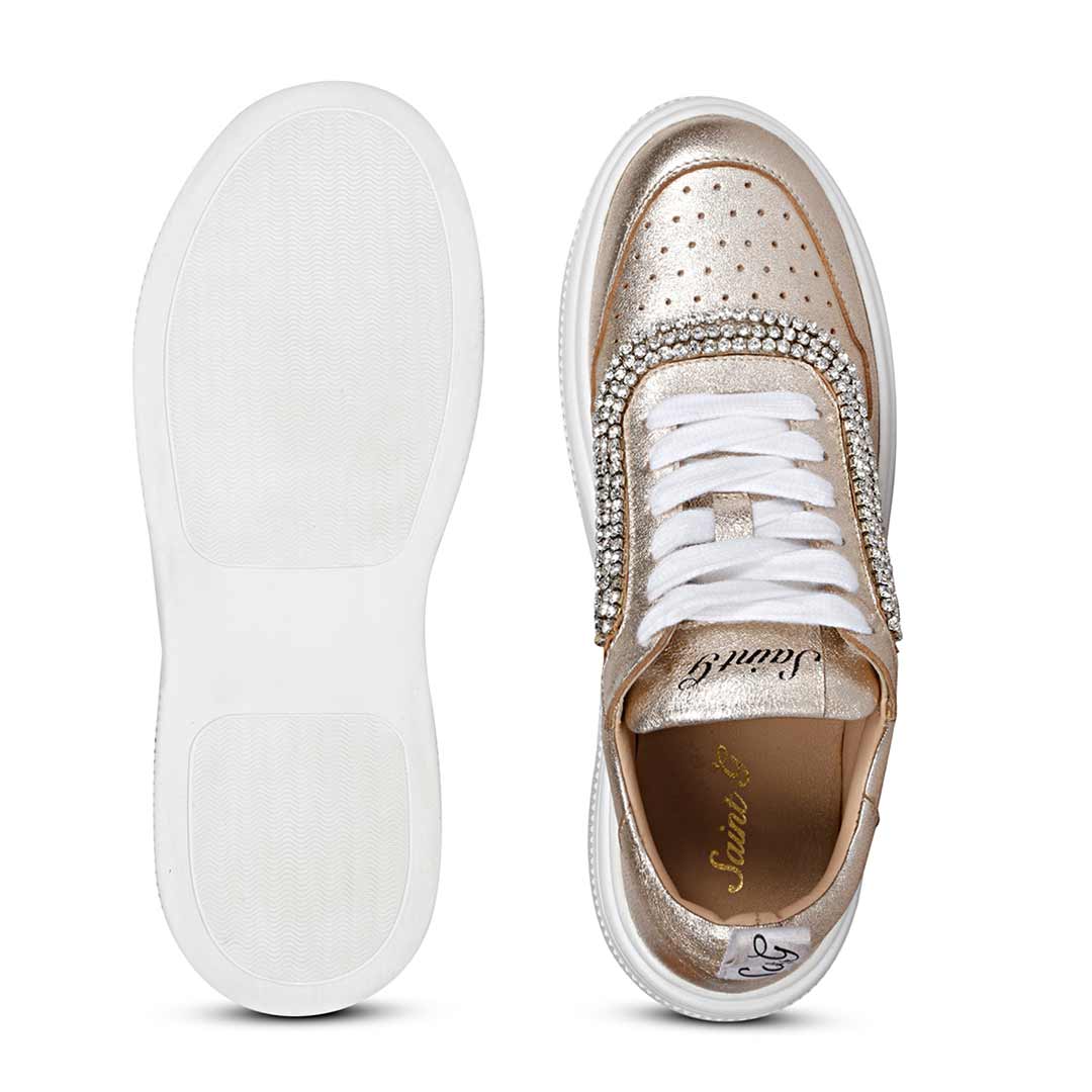 Trendy Crystal-Adorned Gold Leather Sneakers
