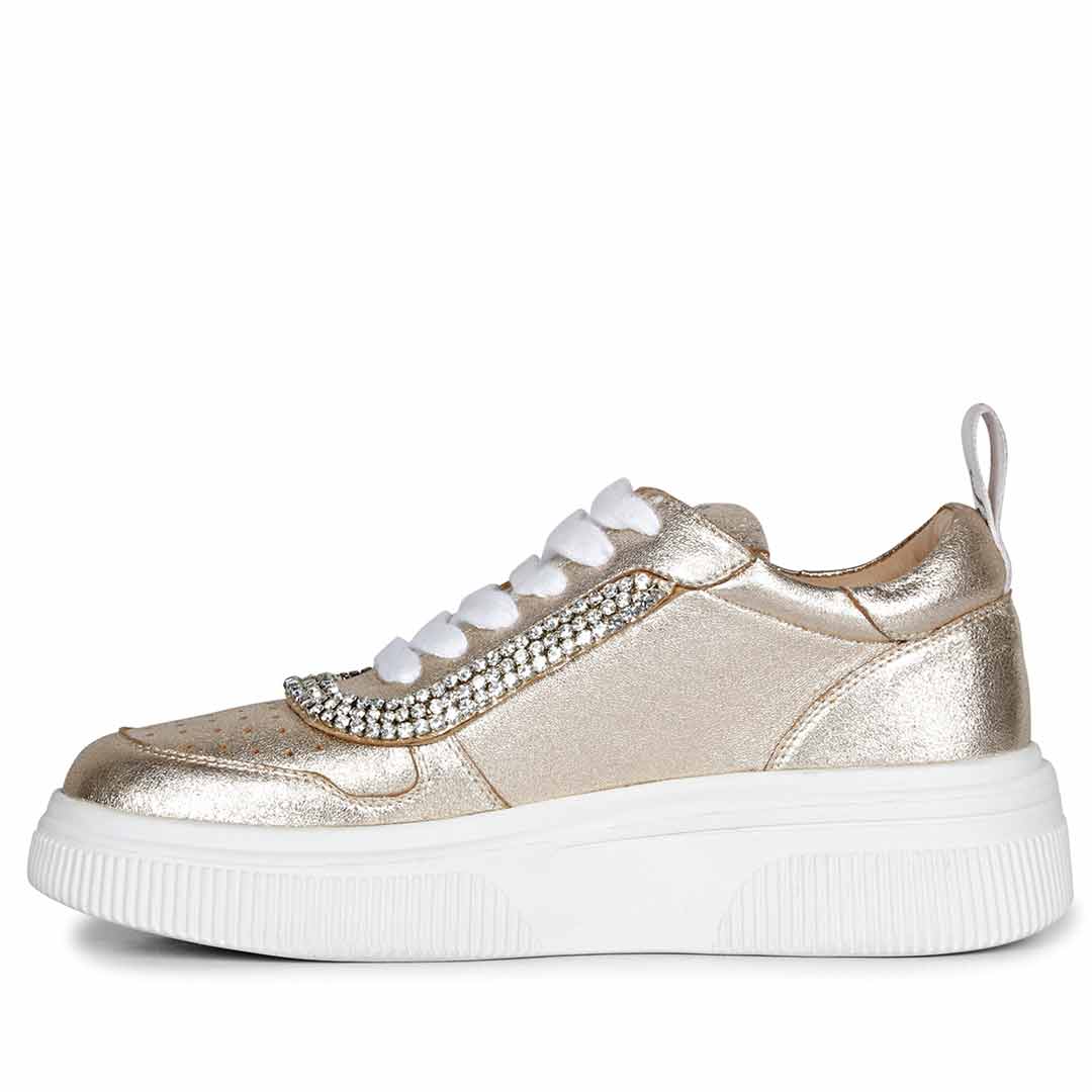 Trendy Crystal-Adorned Gold Leather Sneakers