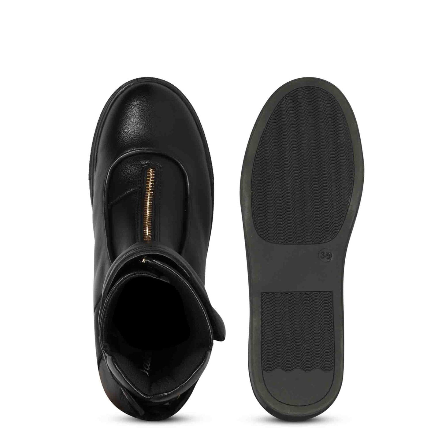 Whitesta Gabriella Black Leather Front Zipper Round Toe Heel Sneakers