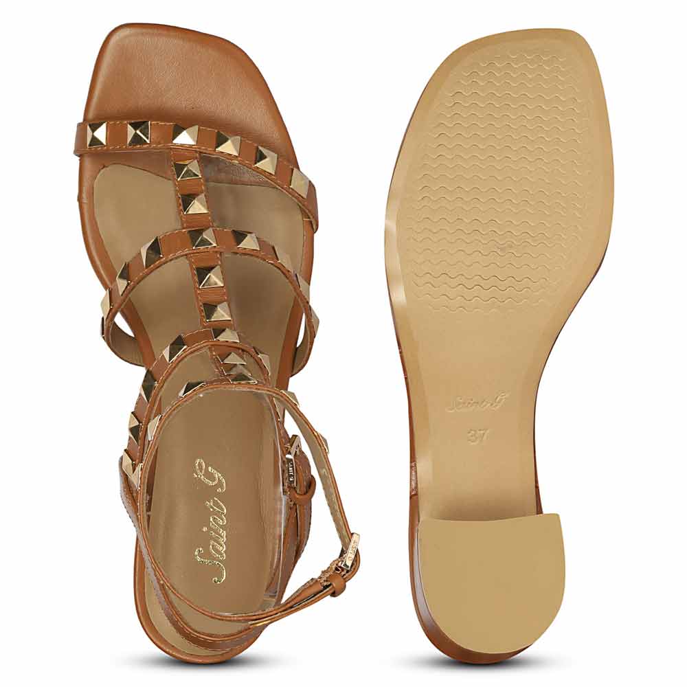 Saint Angela Tan Leather Metal Studded Block Heels
