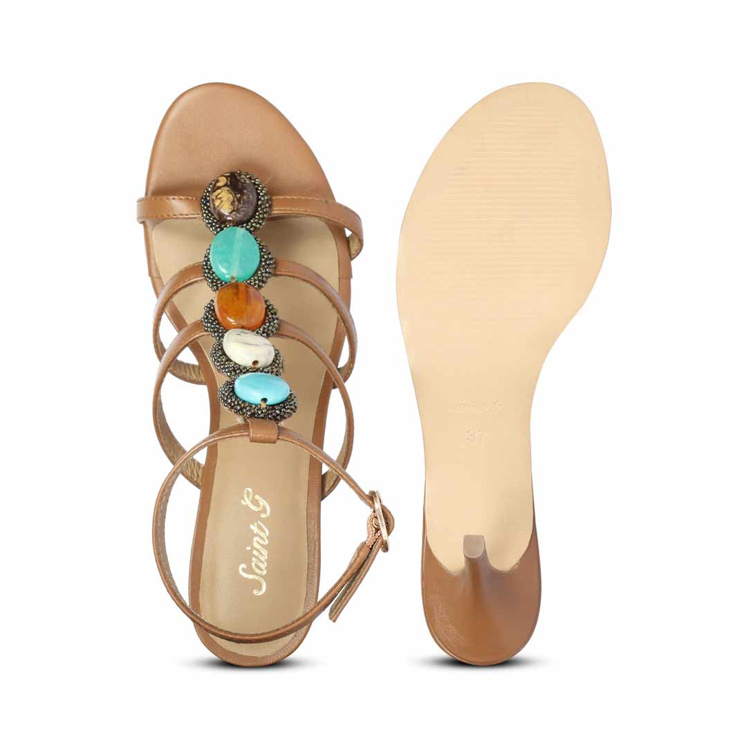 Saint Monroe Multi Stone Embellished Tan Leather Stilettos