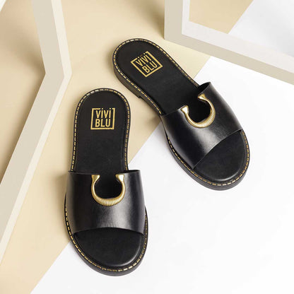 ViviBlu Black Leather Flat Sandals