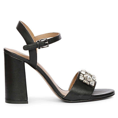 Saint Macy Silver Stone Jewel Black Leather Block Heels