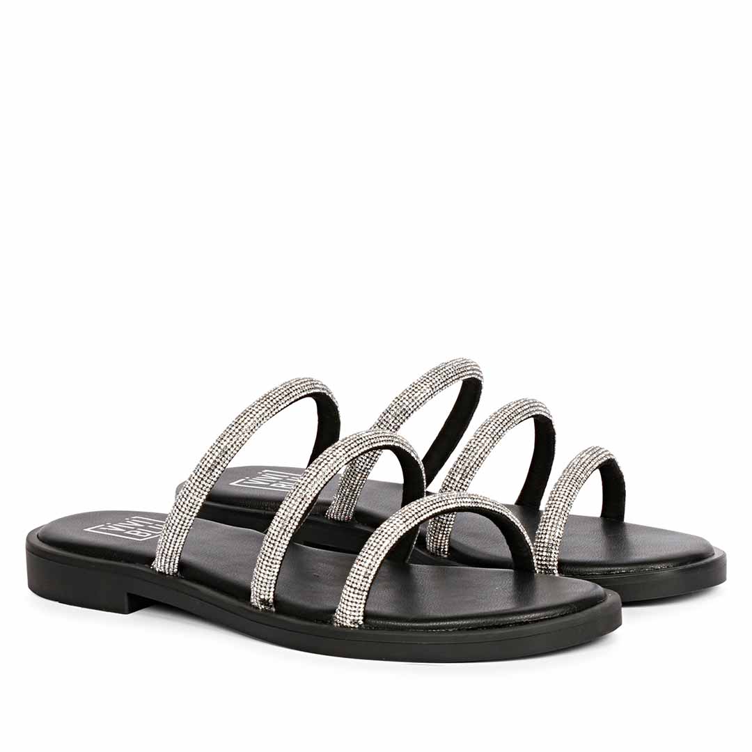 ViviBlu Black Leather Flat Sandals Embellished With White Straps