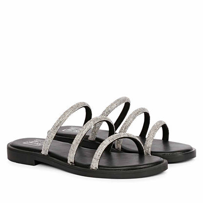ViviBlu Black Leather Flat Sandals Embellished With White Straps