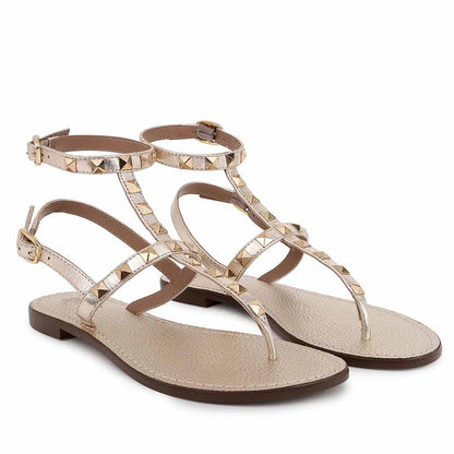 Saint Irene Platin Leather Metal Studded Flat Sandals.
