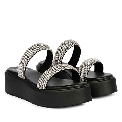 ViviBlu Black Leather Platform Sandals Embellished With Silver Straps