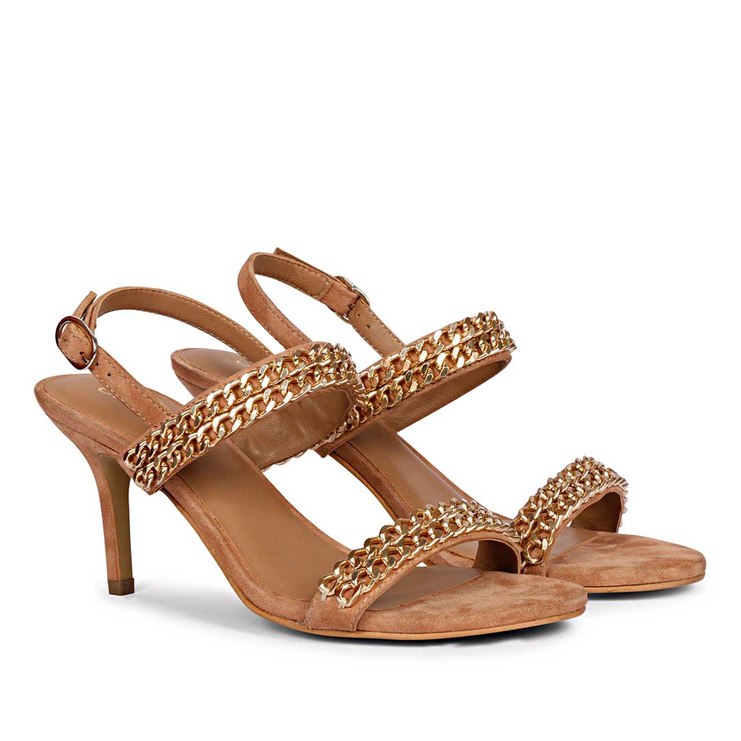 Valeria Gold Chain sand Suede Leather Stilettos
