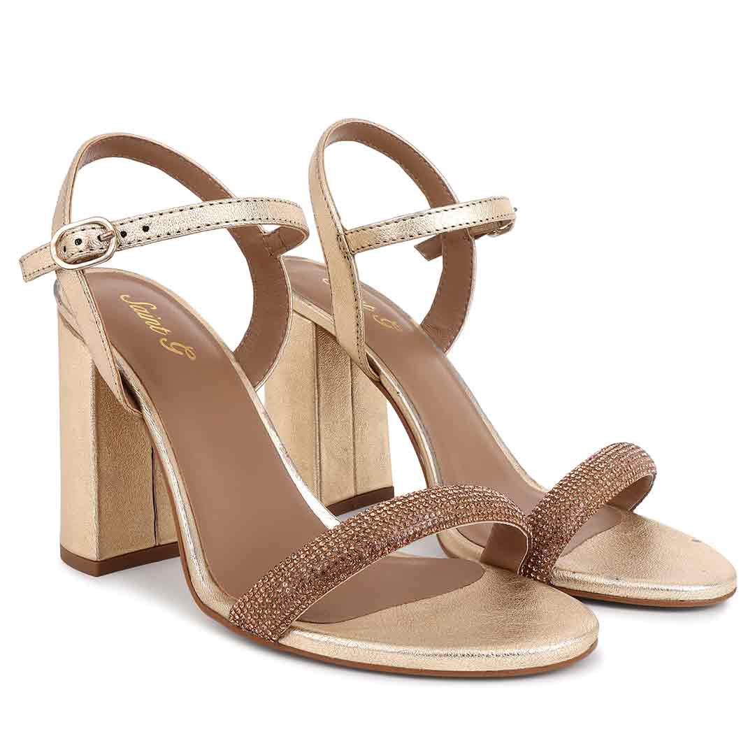 Saint Gracie Strass Embellished Metallic Gold Leather Block Heels