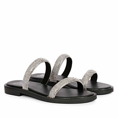 ViviBlu Black Leather Flat Sandals Embellished With Silver Straps