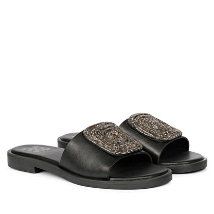 ViviBlu Black Leather Flat Sandals