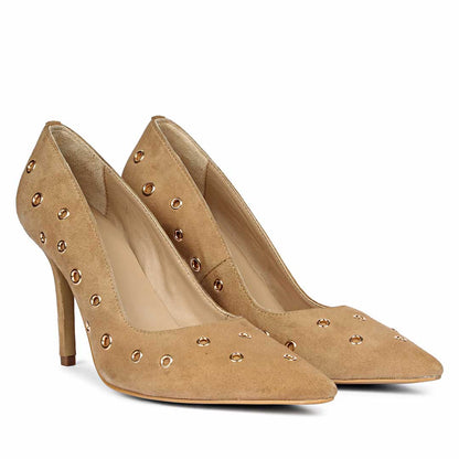 Saint Remi Eyelet Embellished Beige Suede Leather Pumps