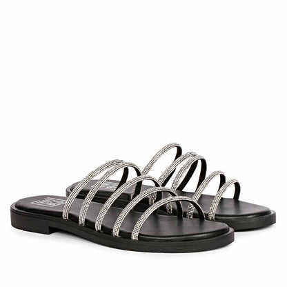 ViviBlu Black Leather Flat Sandals Embellished With Silver Straps