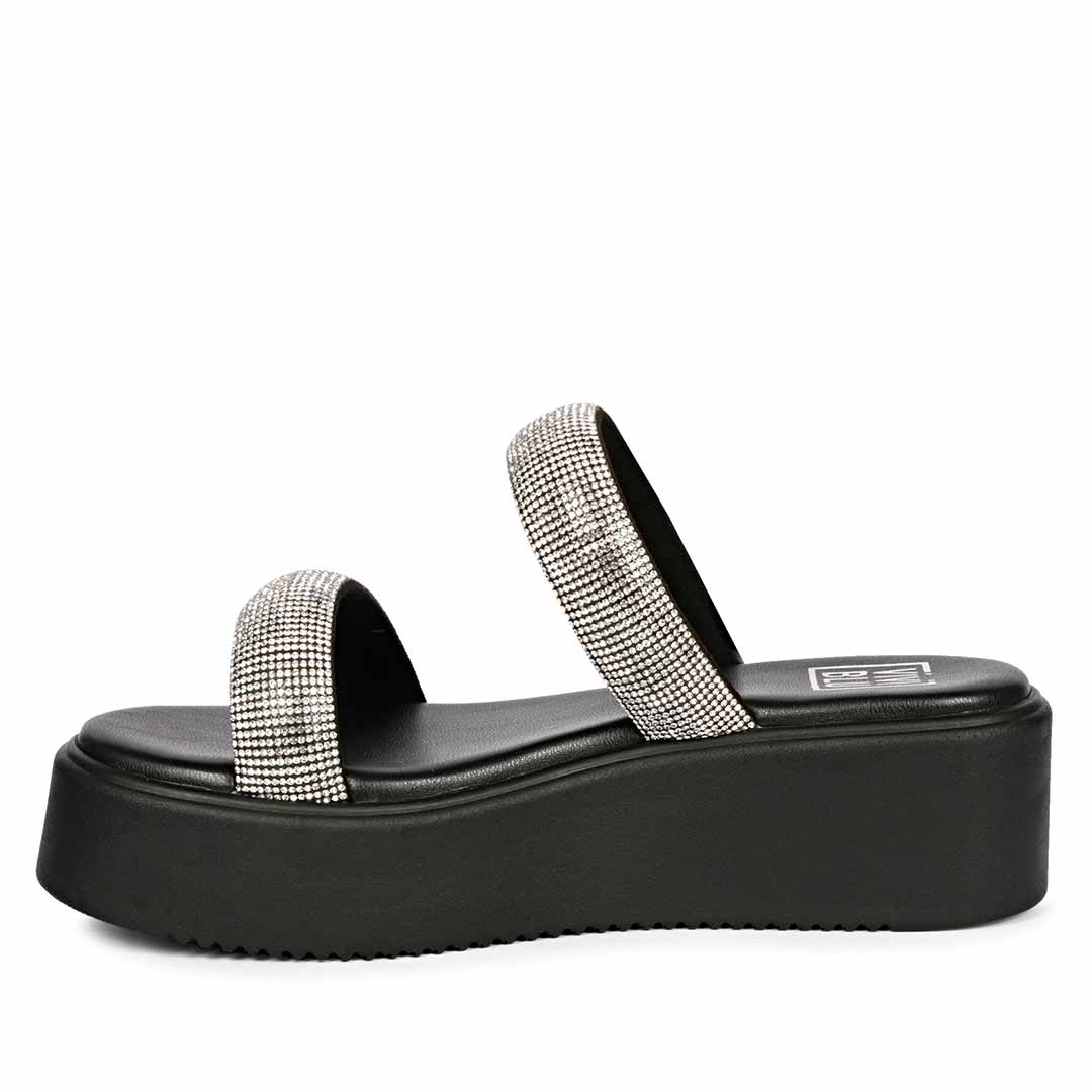 ViviBlu Black Leather Platform Sandals Embellished With Silver Straps