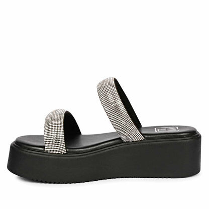 ViviBlu Black Leather Platform Sandals Embellished With Silver Straps