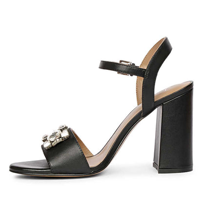 Saint Macy Silver Stone Jewel Black Leather Block Heels