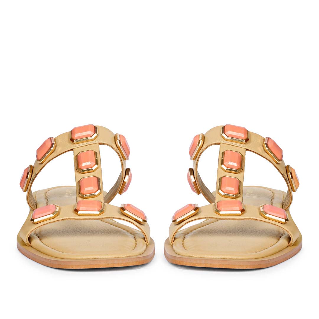 Saint Celeste Pink Stones Embellished Natural Leather Flats