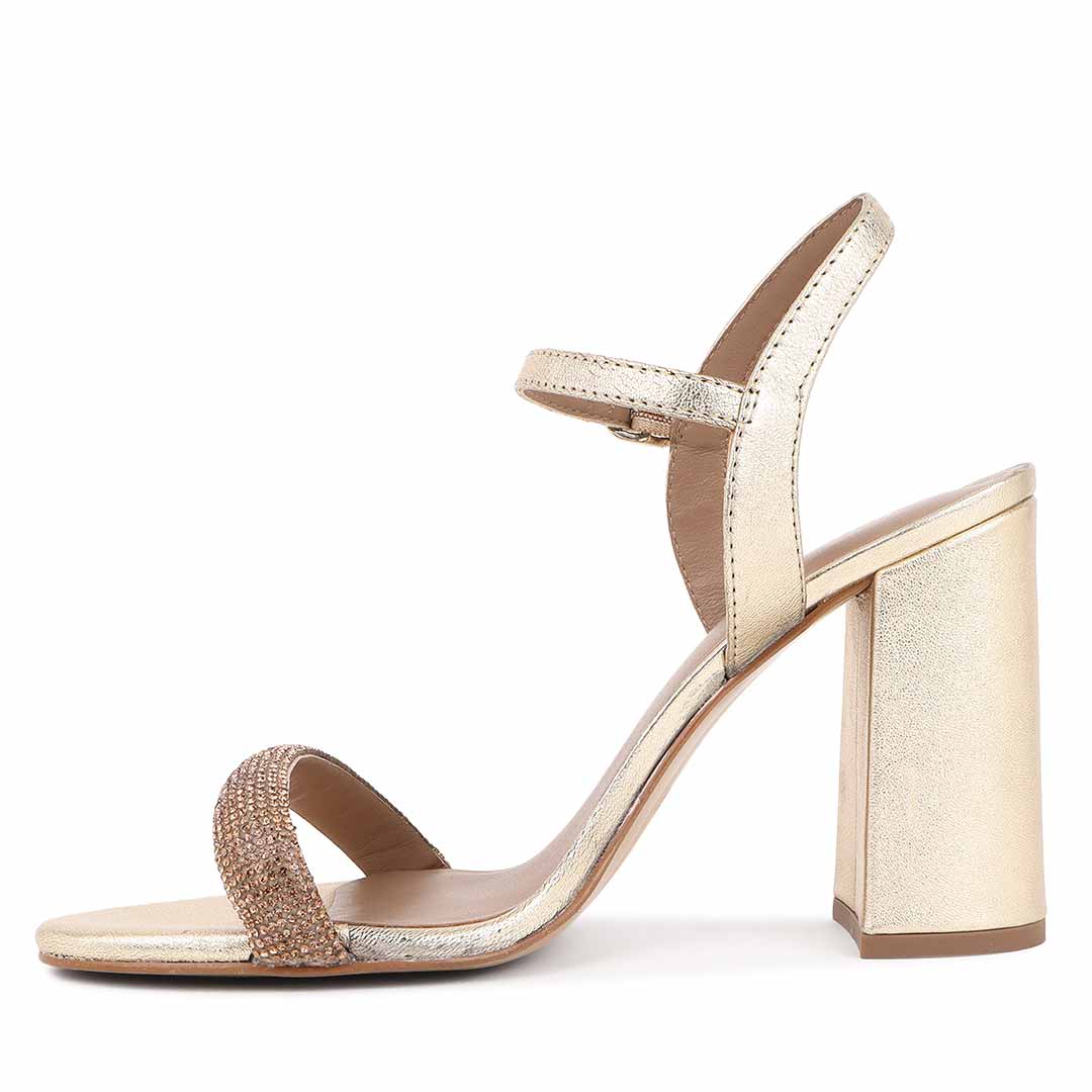 Saint Gracie Strass Embellished Metallic Gold Leather Block Heels