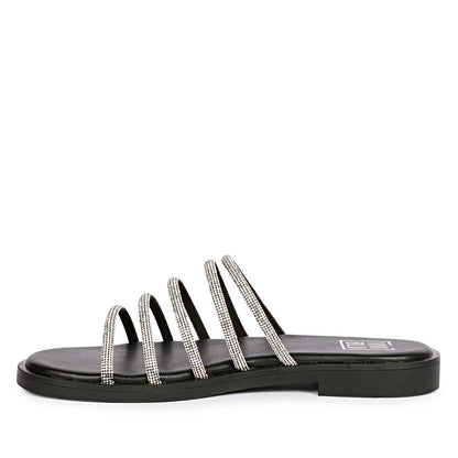 ViviBlu Black Leather Flat Sandals Embellished With Silver Straps