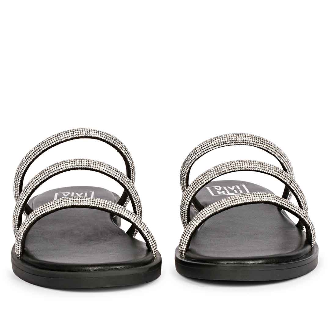 ViviBlu Black Leather Flat Sandals Embellished With White Straps