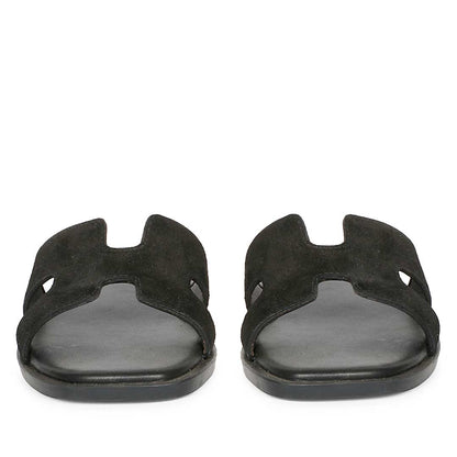 ViviBlu Black Leather Flat Sandals