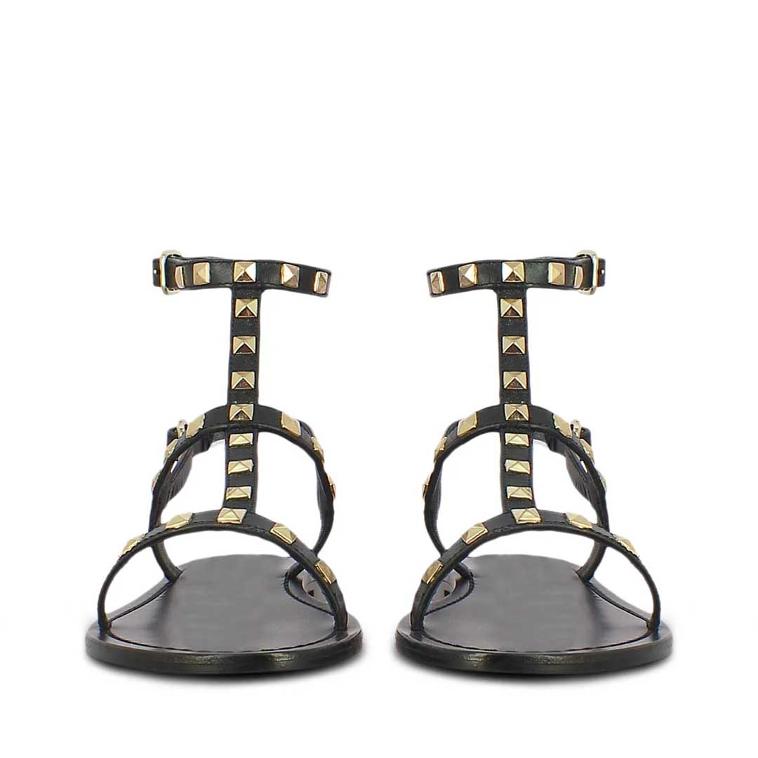 Saint Miriam Black Leather Flat Sandals