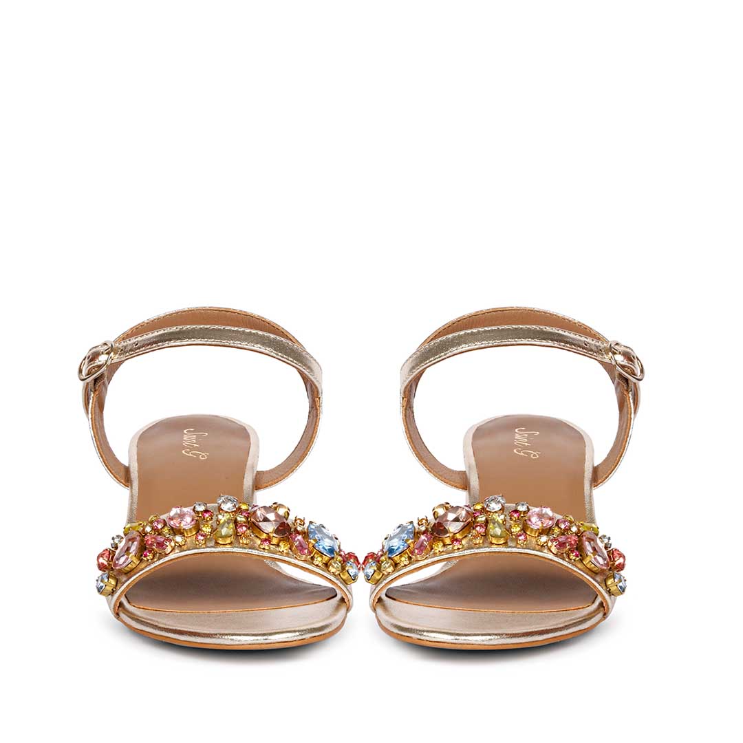 Saint Ella Multi Stones Decor Gold Leather Block Heels