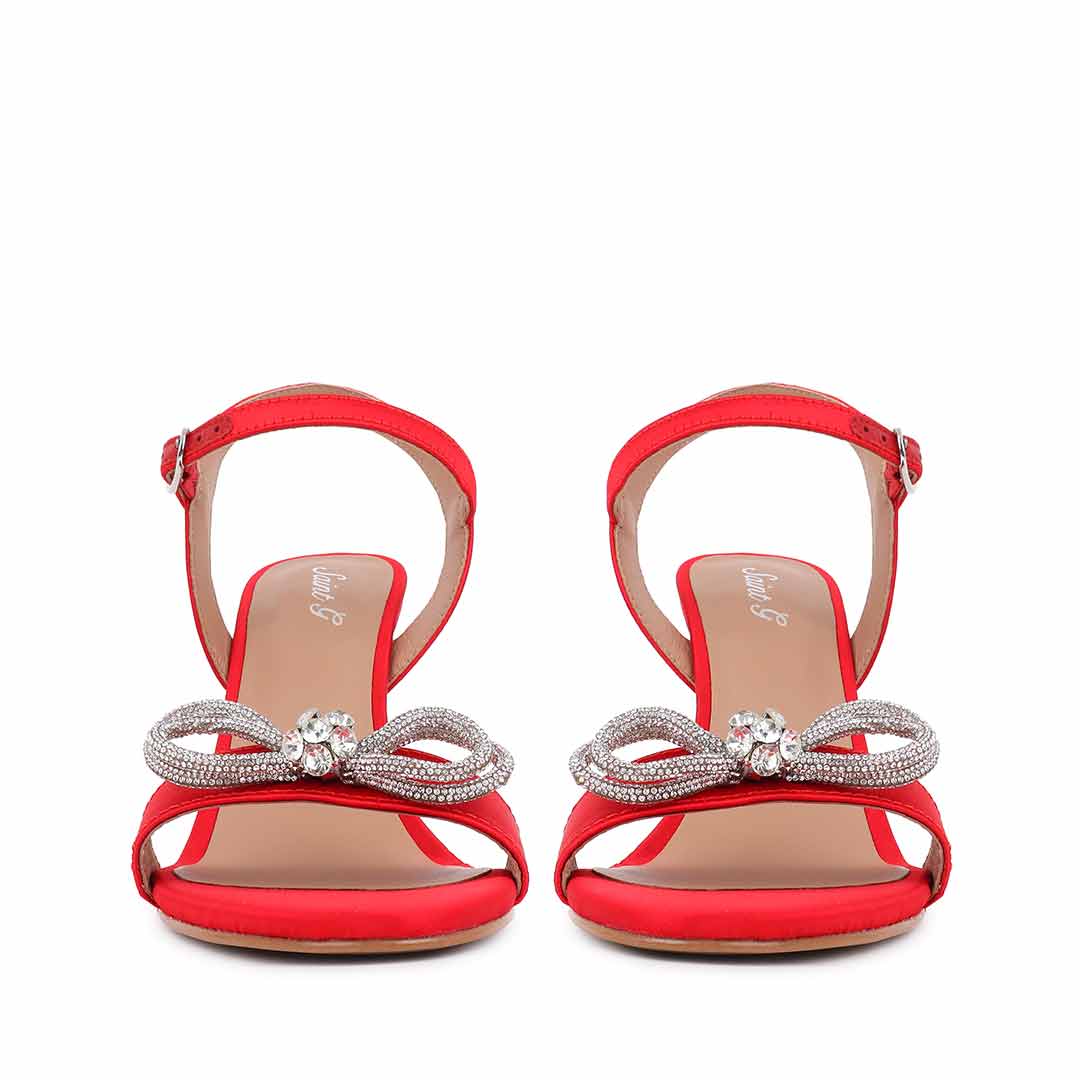 Saint Hayden Crystal Bow Red Satin-Leather Stilettos