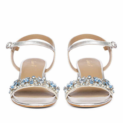 Saint Ella Blue Stones Decor Silver Leather Block Heels