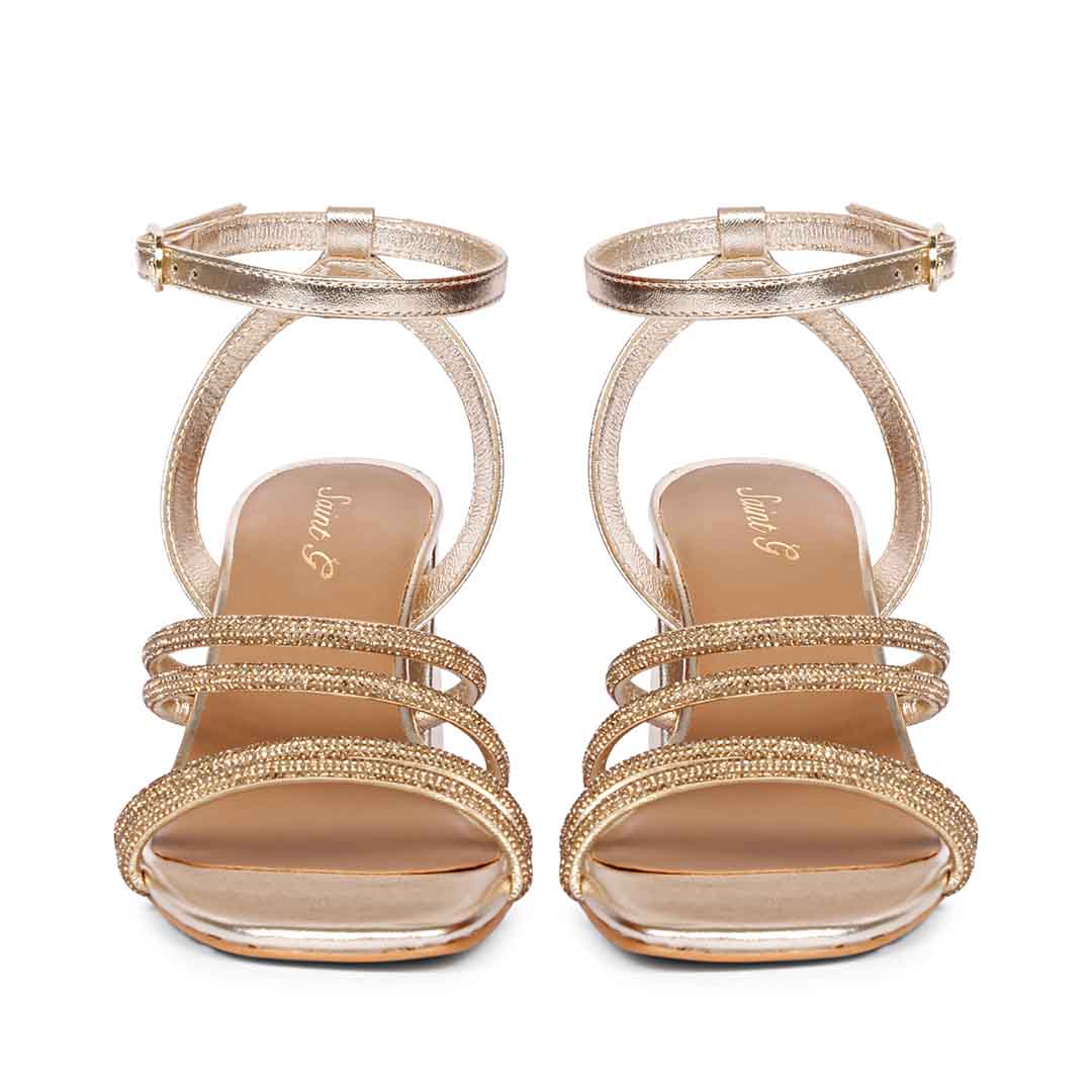 Saint Aldina Crystal Cord String Gold Leather Jewel Block Heels