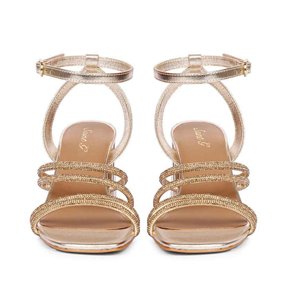 Saint Aldina Crystal Cord String Gold Leather Jewel Block Heels