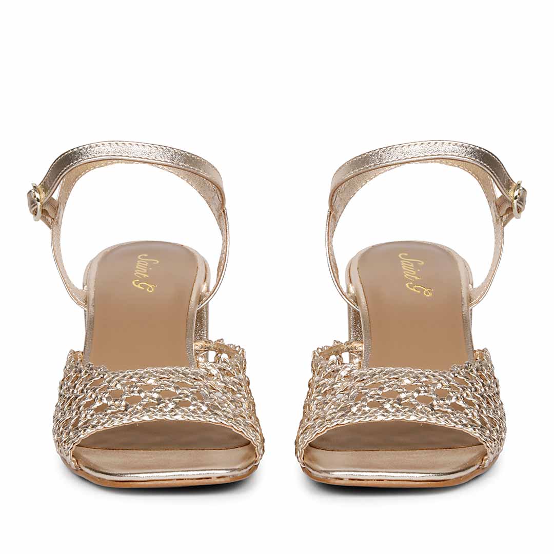 Saint Felicia Gold Woven Leather Block Heels