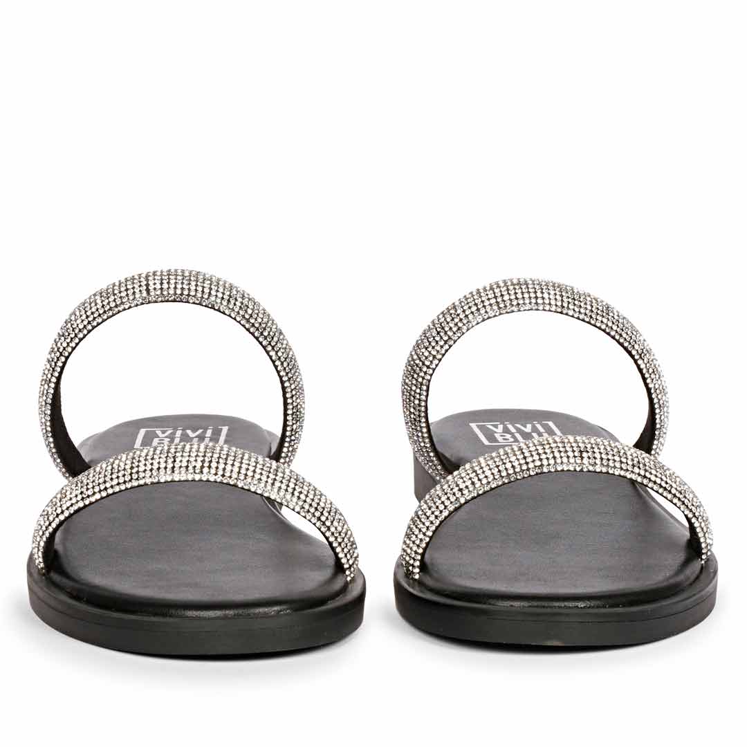 ViviBlu Black Leather Flat Sandals Embellished With Silver Straps