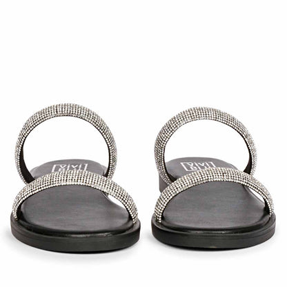 ViviBlu Black Leather Flat Sandals Embellished With Silver Straps