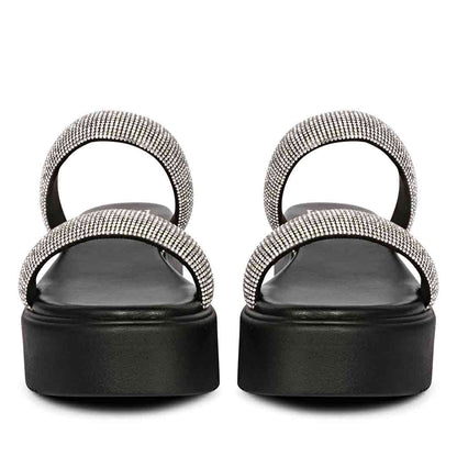 ViviBlu Black Leather Platform Sandals Embellished With Silver Straps