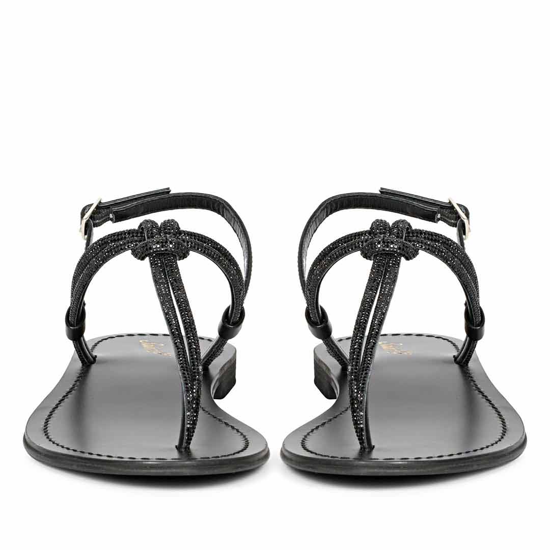 Saint Elsie Crystal Cord Black Leather Flat Sandals