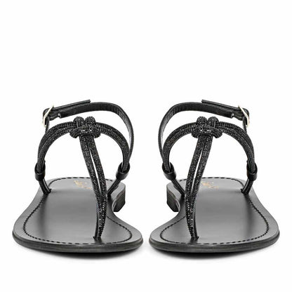 Saint Elsie Crystal Cord Black Leather Flat Sandals