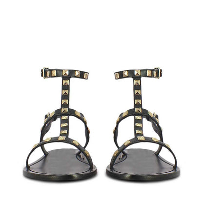 Saint Miriam Black Leather Flat Sandals