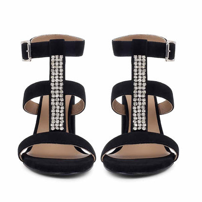 Saint Silvia Jewel Stone Decor Black Suede Leather Heels
