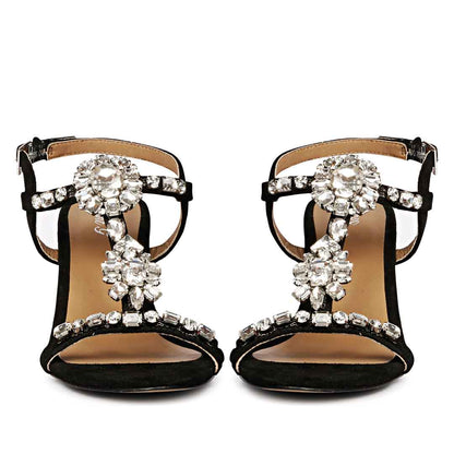 Saint Lucia Transparent Stone Embellished Black Suede Leather Block Heels