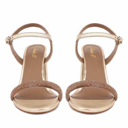 Saint Gracie Strass Embellished Metallic Gold Leather Block Heels
