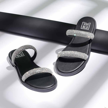 ViviBlu Black Leather Flat Sandals Embellished With Silver Straps