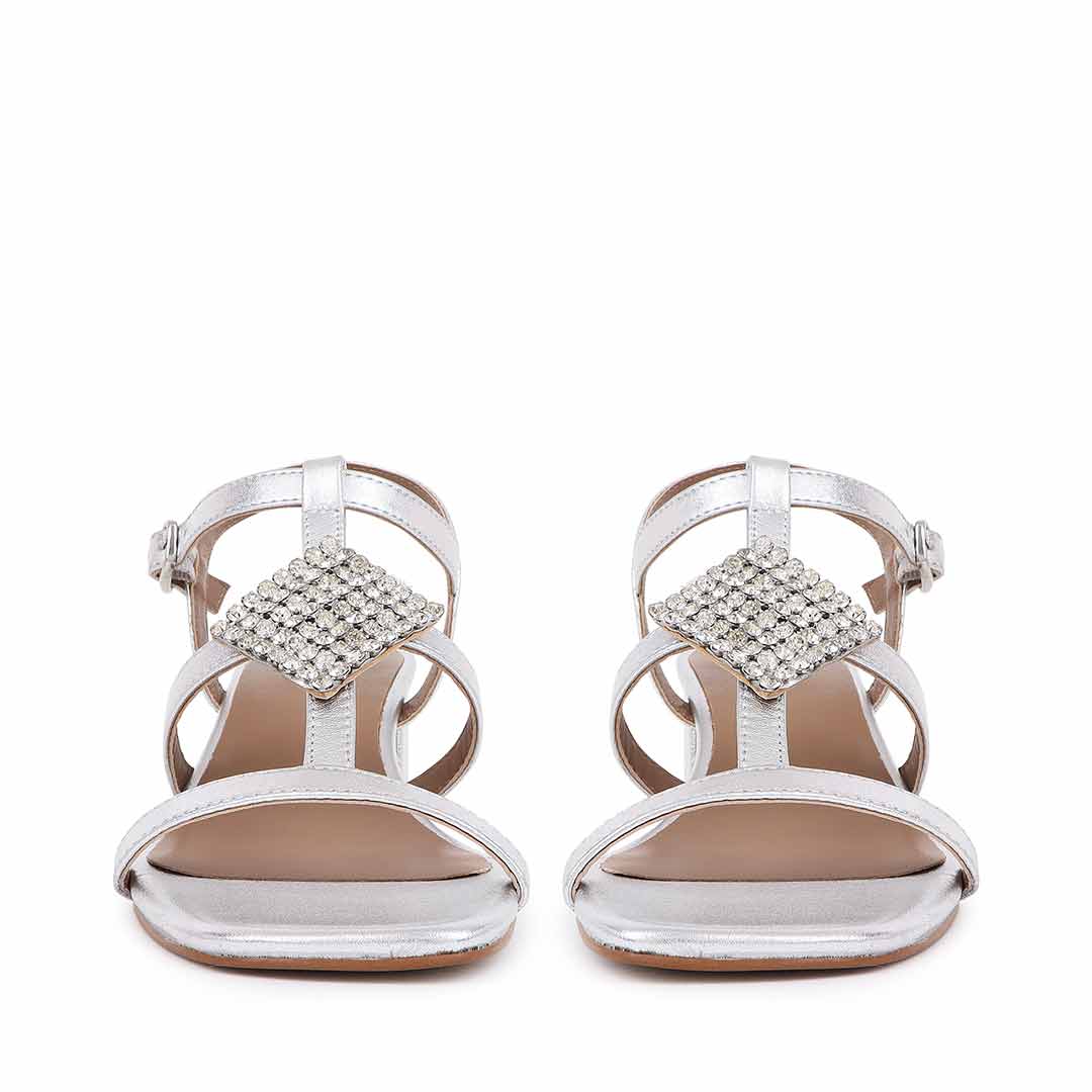Saint Donya Stones Silver Metallic Leather Block Heels