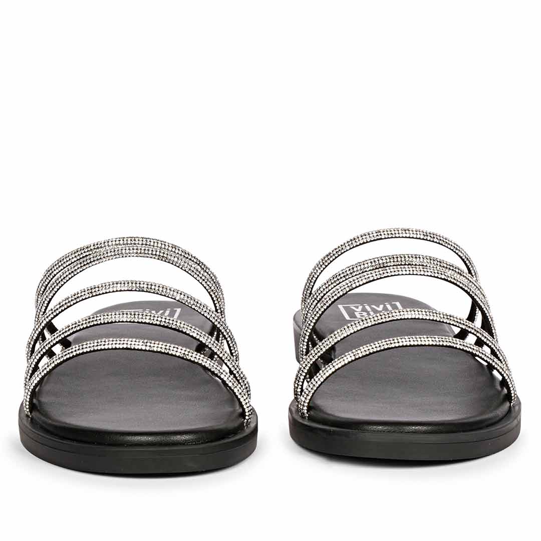 ViviBlu Black Leather Flat Sandals Embellished With Silver Straps