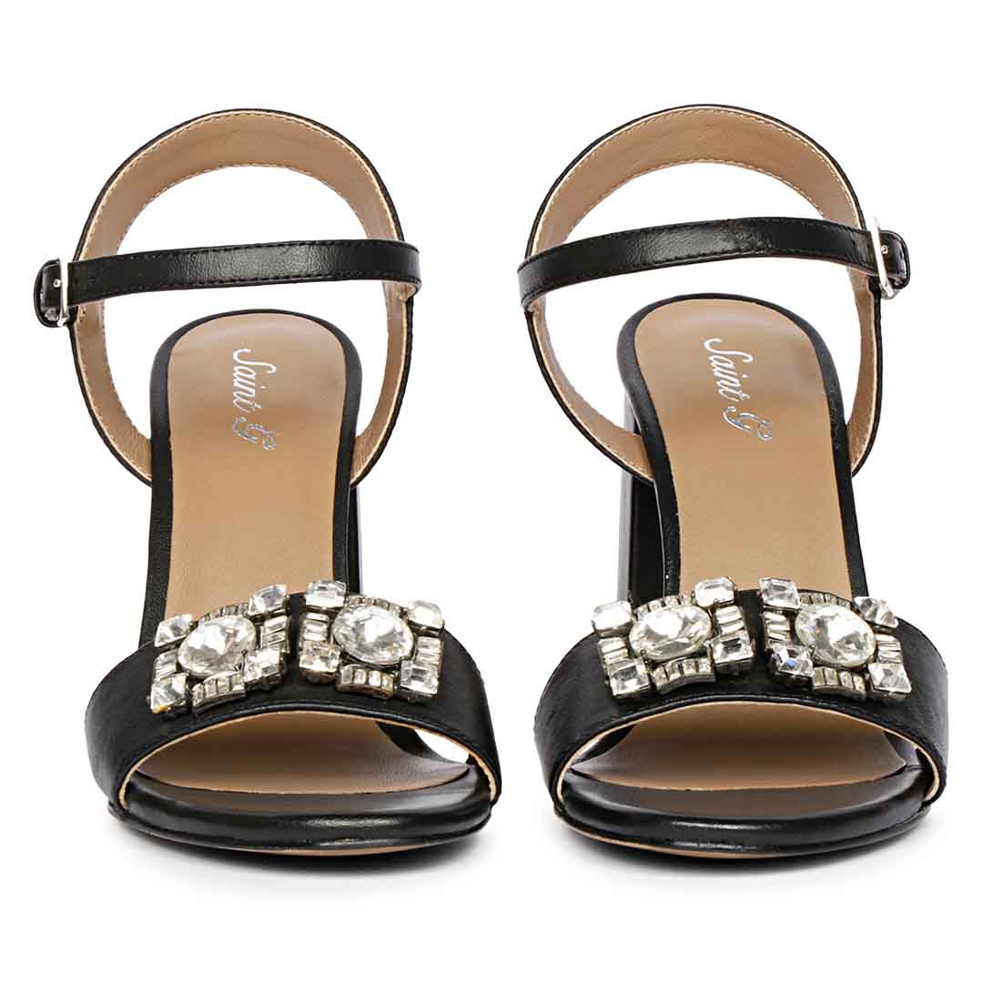Saint Macy Silver Stone Jewel Black Leather Block Heels