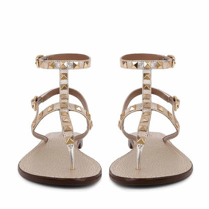 Saint Irene Platin Leather Metal Studded Flat Sandals.